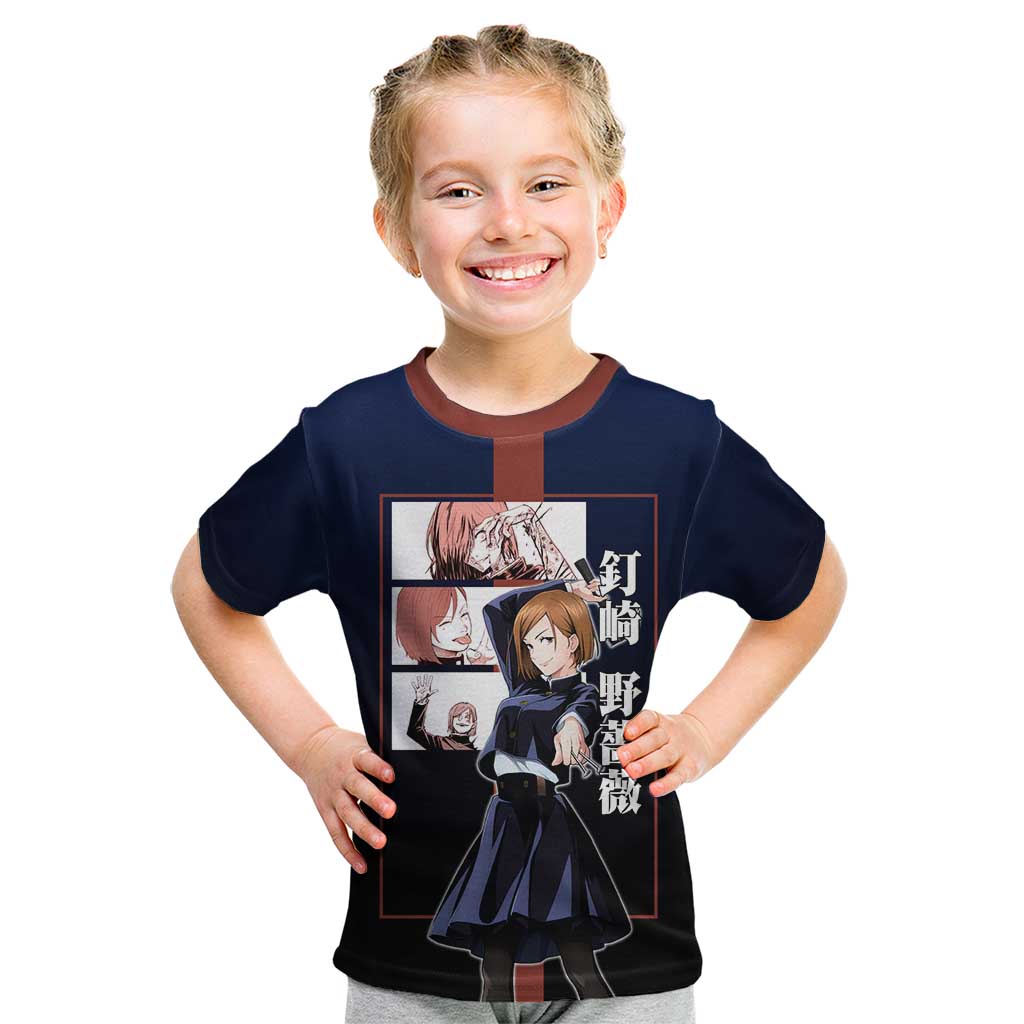 Nobara Kugisaki from Jujutsu Kaisen Kid T Shirt with Dark Blue and Red Background and Multiple Poses Design - The Mazicc