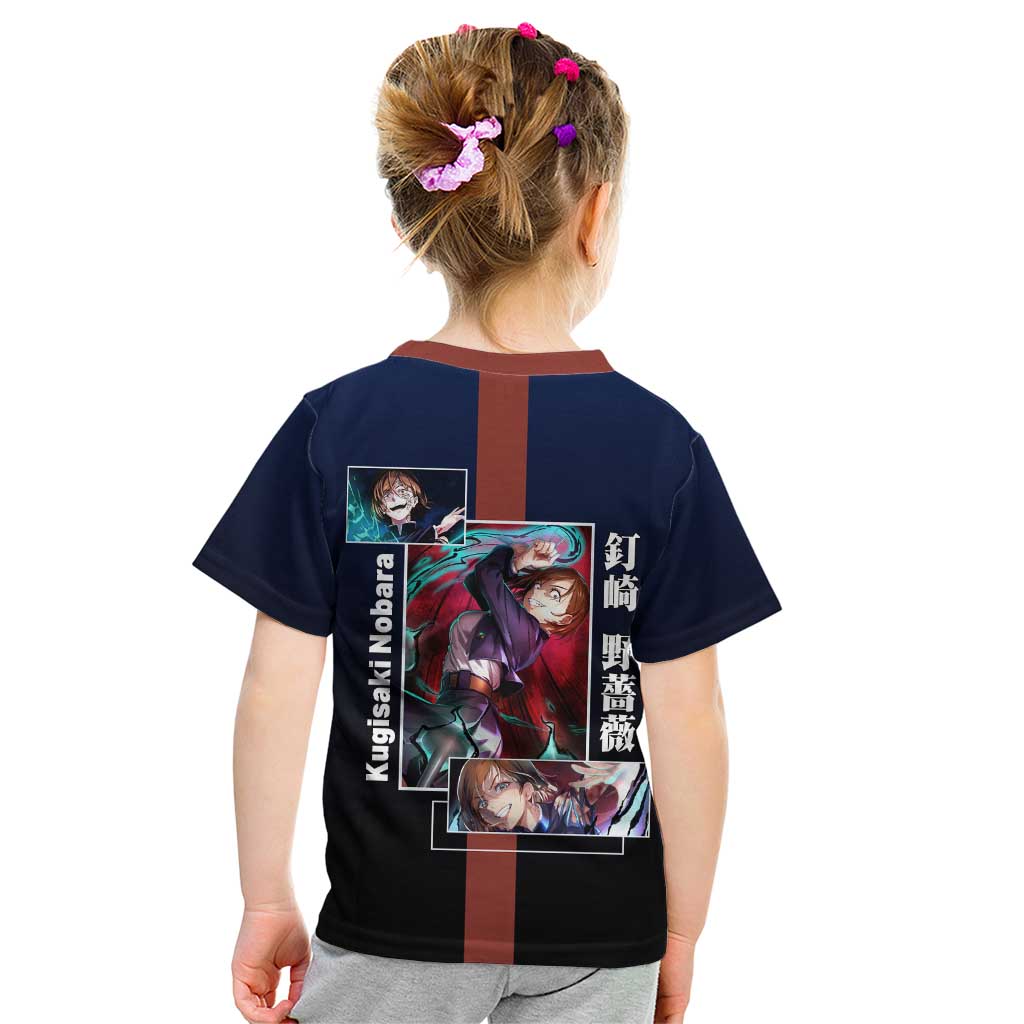 Nobara Kugisaki from Jujutsu Kaisen Kid T Shirt with Dark Blue and Red Background and Multiple Poses Design - The Mazicc