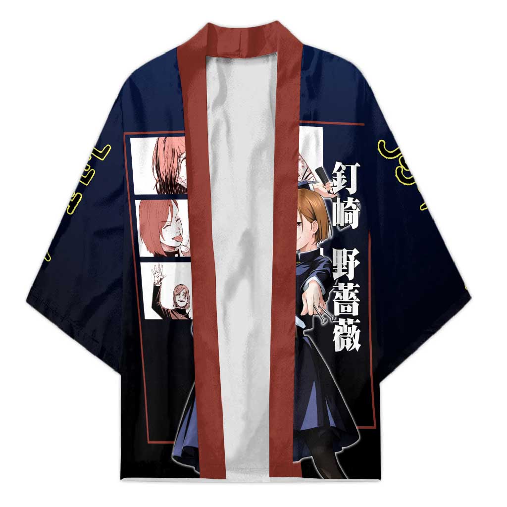 Nobara Kugisaki from Jujutsu Kaisen Kimono with Dark Blue and Red Background and Multiple Poses Design - The Mazicc