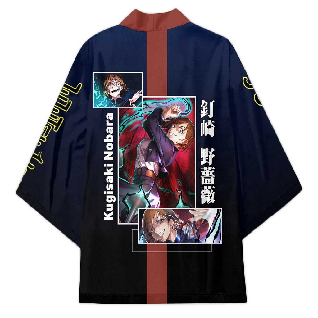 Nobara Kugisaki from Jujutsu Kaisen Kimono with Dark Blue and Red Background and Multiple Poses Design - The Mazicc