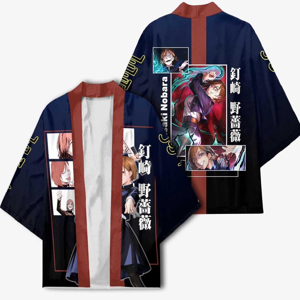 Nobara Kugisaki from Jujutsu Kaisen Kimono with Dark Blue and Red Background and Multiple Poses Design - The Mazicc