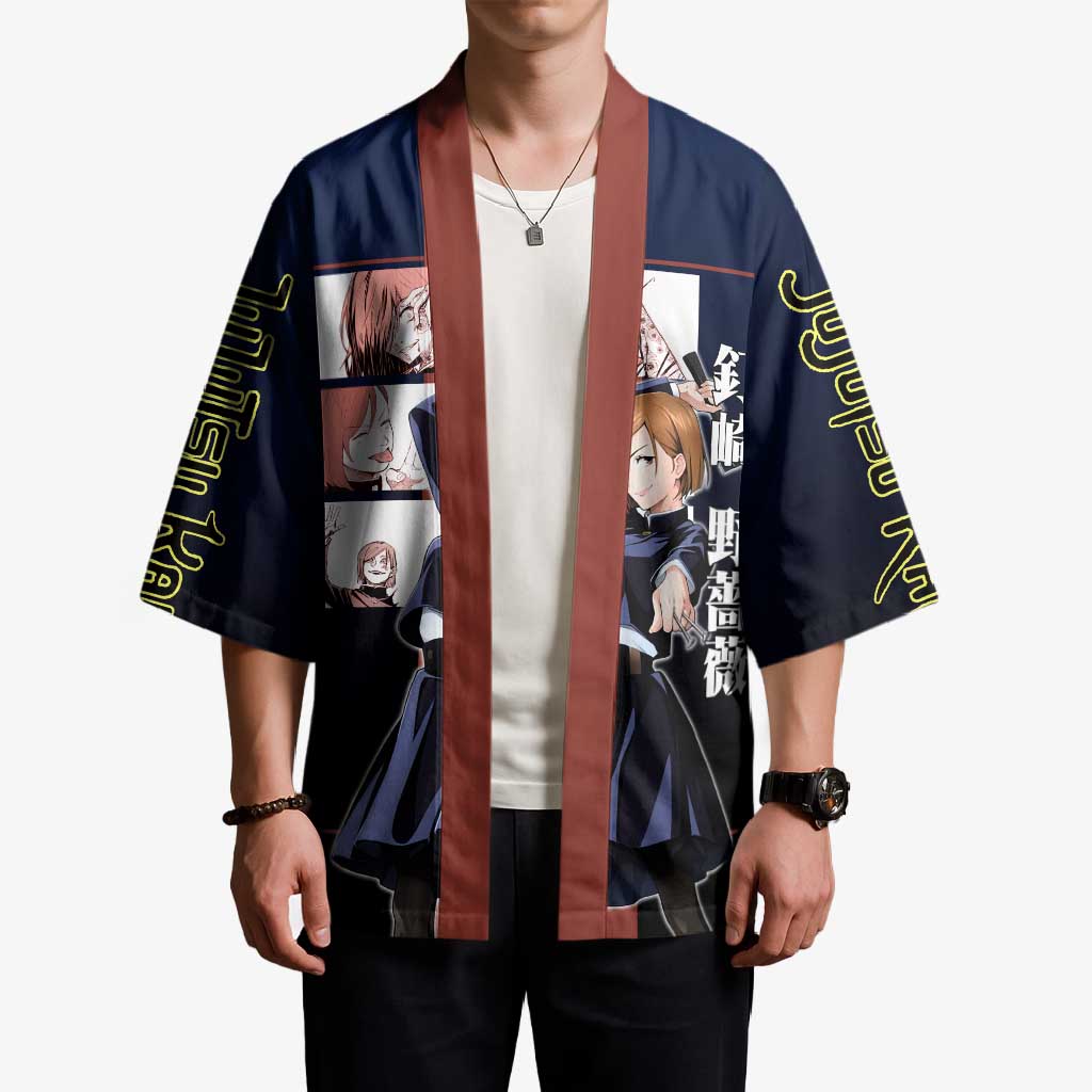 Nobara Kugisaki from Jujutsu Kaisen Kimono with Dark Blue and Red Background and Multiple Poses Design - The Mazicc