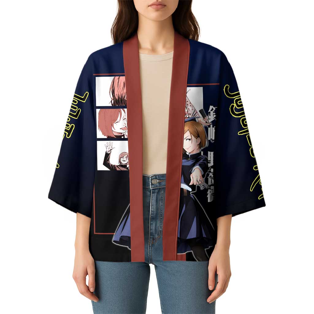 Nobara Kugisaki from Jujutsu Kaisen Kimono with Dark Blue and Red Background and Multiple Poses Design - The Mazicc