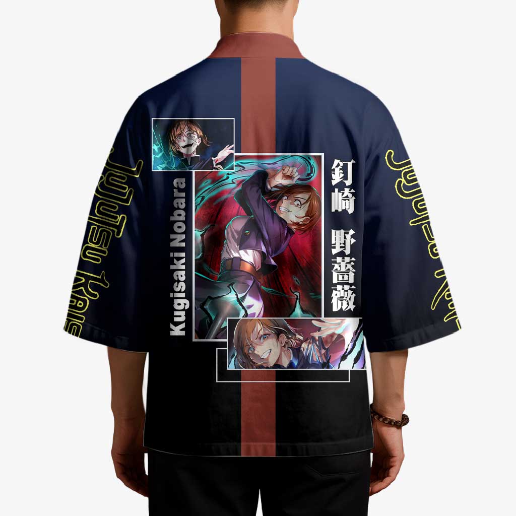 Nobara Kugisaki from Jujutsu Kaisen Kimono with Dark Blue and Red Background and Multiple Poses Design - The Mazicc