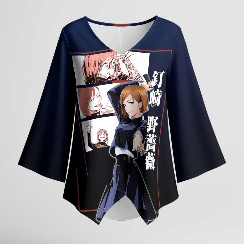 Nobara Kugisaki from Jujutsu Kaisen Kimono Sleeve Blouse with Dark Blue and Red Background and Multiple Poses Design - The Mazicc