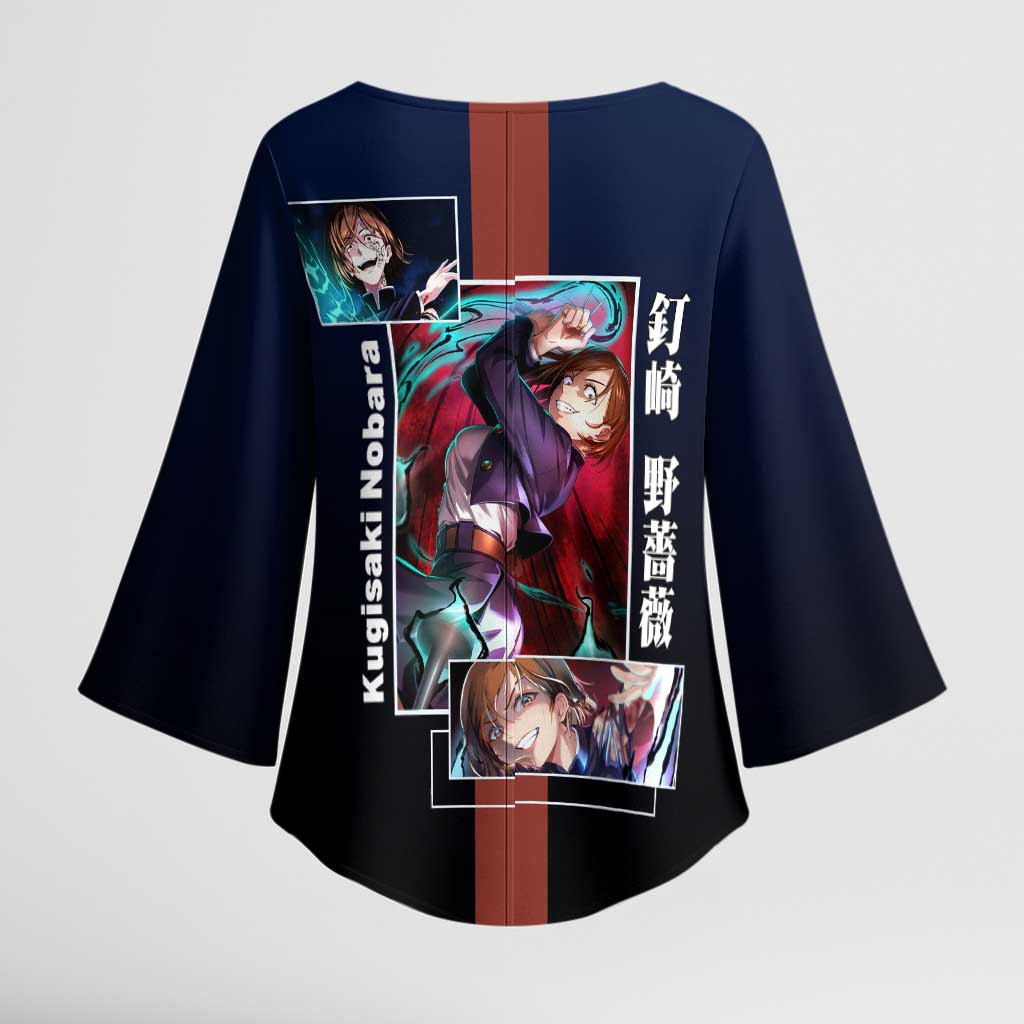 Nobara Kugisaki from Jujutsu Kaisen Kimono Sleeve Blouse with Dark Blue and Red Background and Multiple Poses Design - The Mazicc