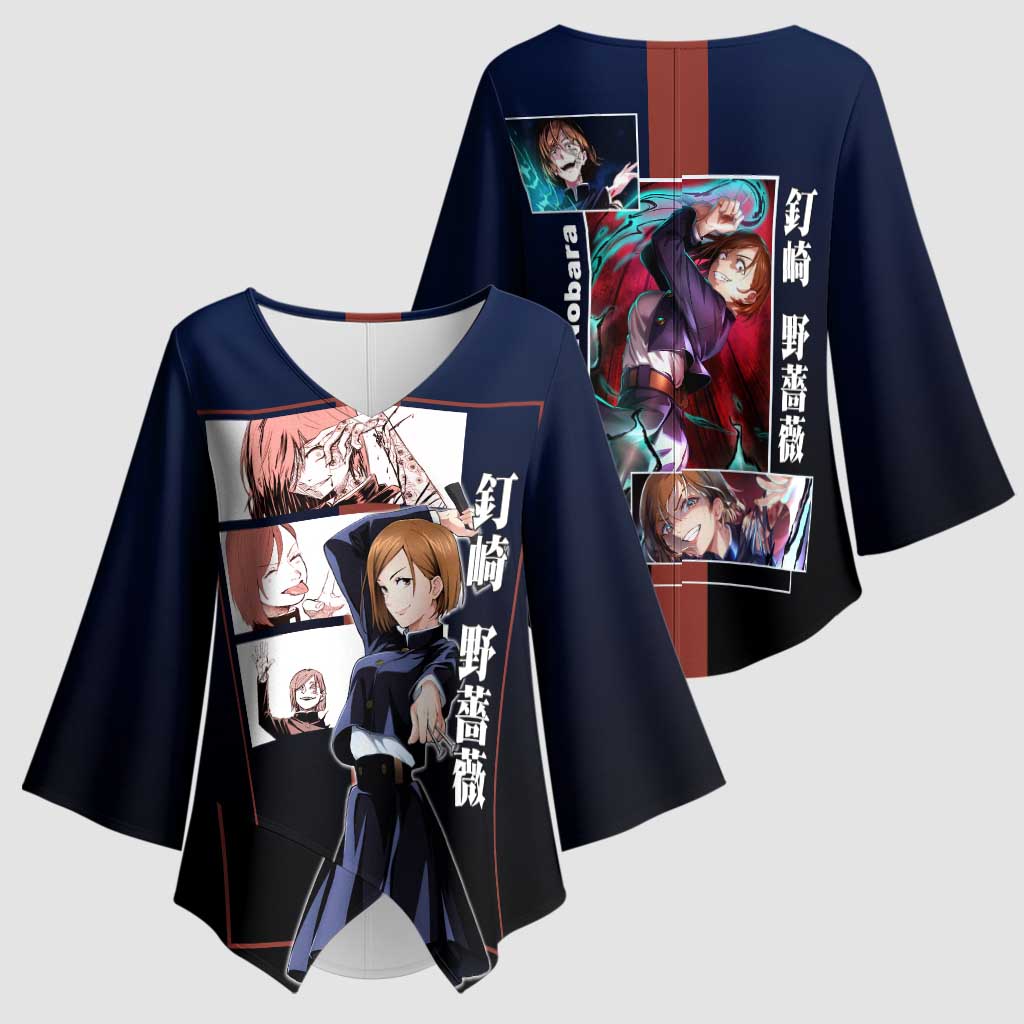 Nobara Kugisaki from Jujutsu Kaisen Kimono Sleeve Blouse with Dark Blue and Red Background and Multiple Poses Design - The Mazicc