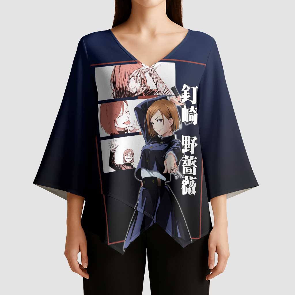 Nobara Kugisaki from Jujutsu Kaisen Kimono Sleeve Blouse with Dark Blue and Red Background and Multiple Poses Design - The Mazicc
