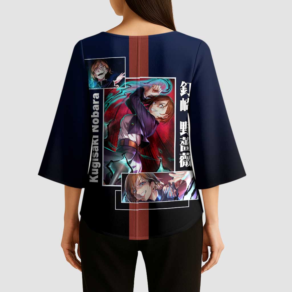 Nobara Kugisaki from Jujutsu Kaisen Kimono Sleeve Blouse with Dark Blue and Red Background and Multiple Poses Design - The Mazicc