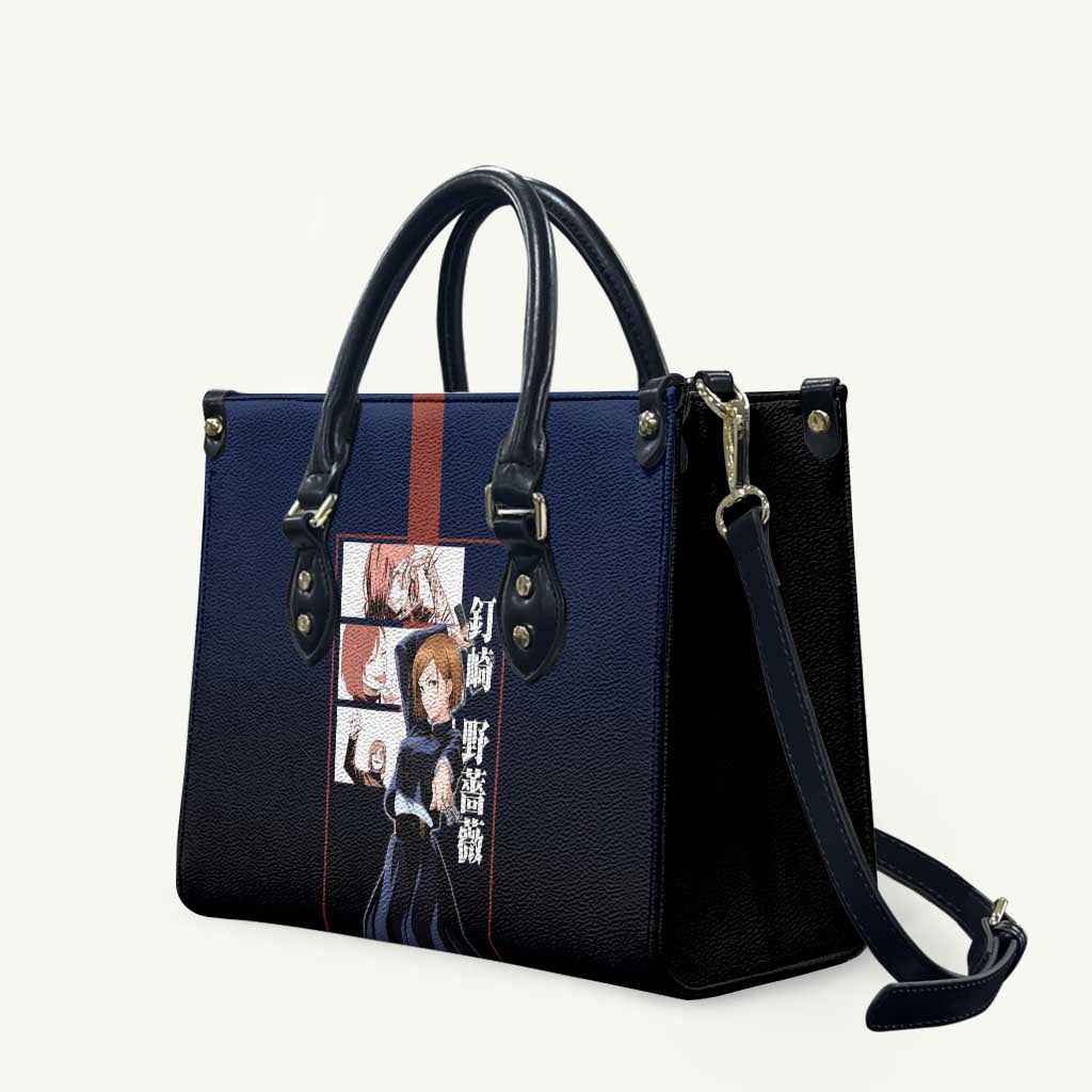 Nobara Kugisaki from Jujutsu Kaisen Leather Bag with Dark Blue and Red Background and Multiple Poses Design - The Mazicc
