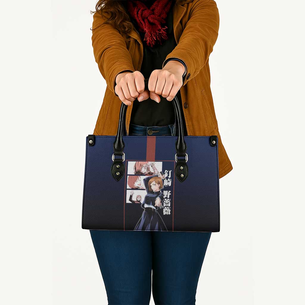 Nobara Kugisaki from Jujutsu Kaisen Leather Bag with Dark Blue and Red Background and Multiple Poses Design - The Mazicc