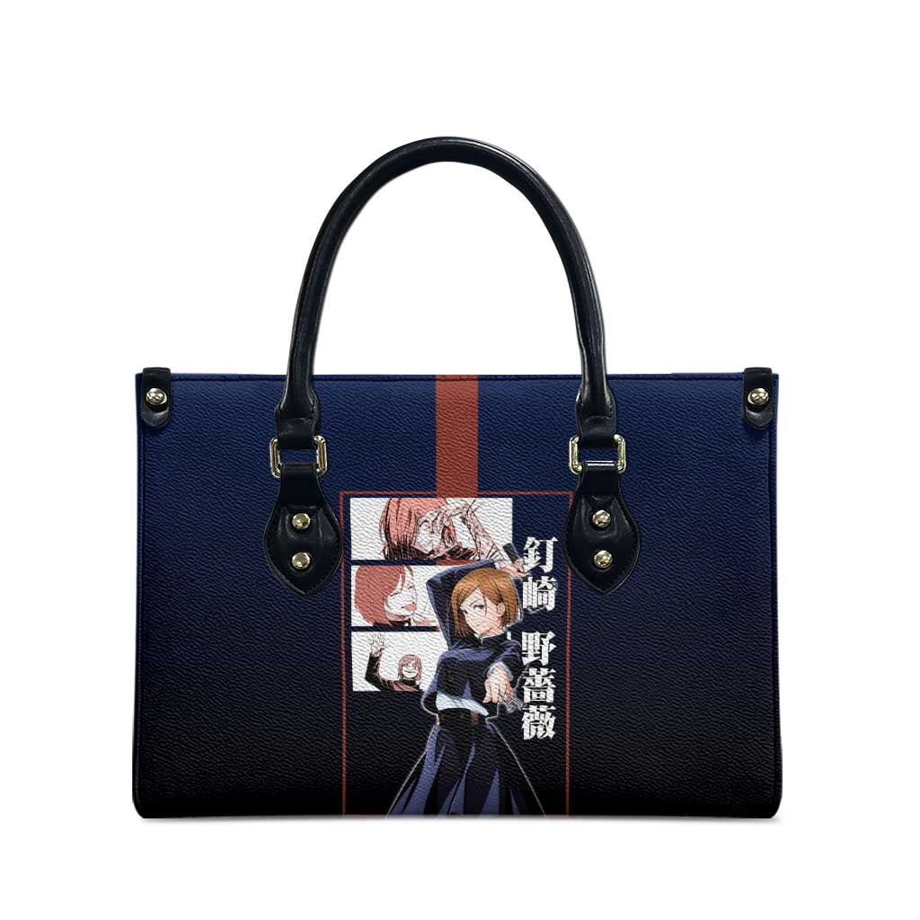 Nobara Kugisaki from Jujutsu Kaisen Leather Bag with Dark Blue and Red Background and Multiple Poses Design - The Mazicc