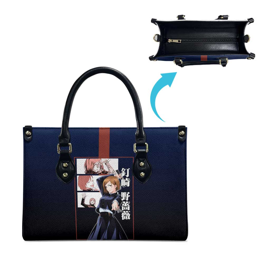 Nobara Kugisaki from Jujutsu Kaisen Leather Bag with Dark Blue and Red Background and Multiple Poses Design - The Mazicc