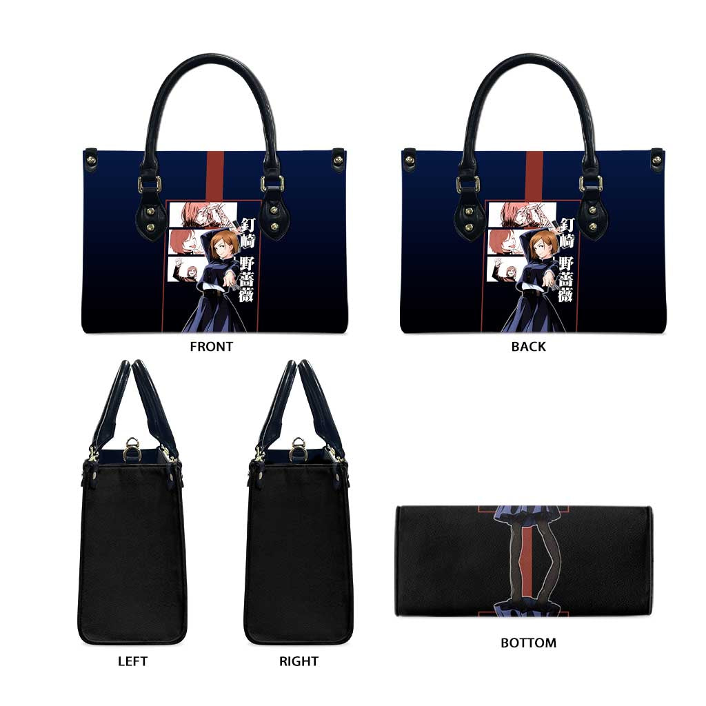 Nobara Kugisaki from Jujutsu Kaisen Leather Bag with Dark Blue and Red Background and Multiple Poses Design - The Mazicc