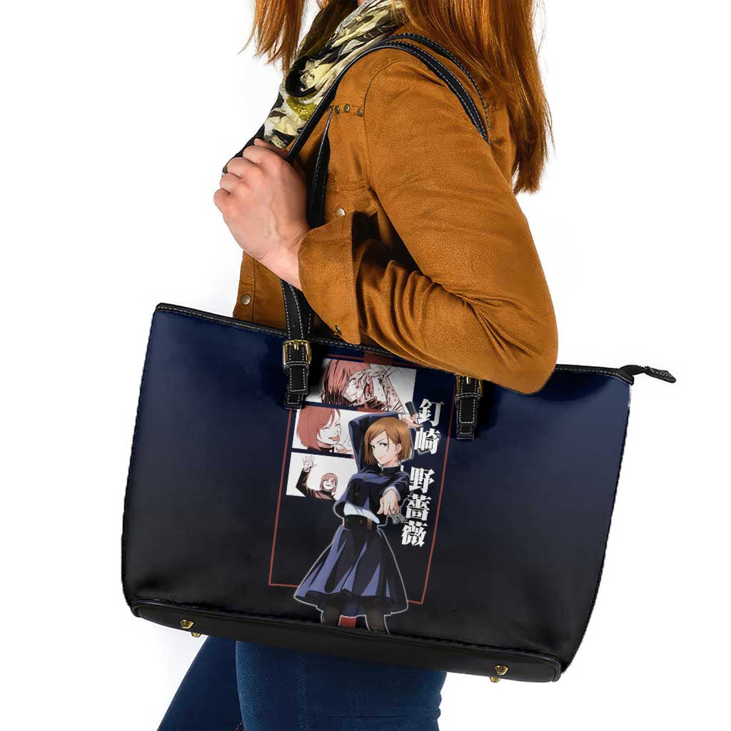 Nobara Kugisaki from Jujutsu Kaisen Leather Tote Bag with Dark Blue and Red Background and Multiple Poses Design - The Mazicc