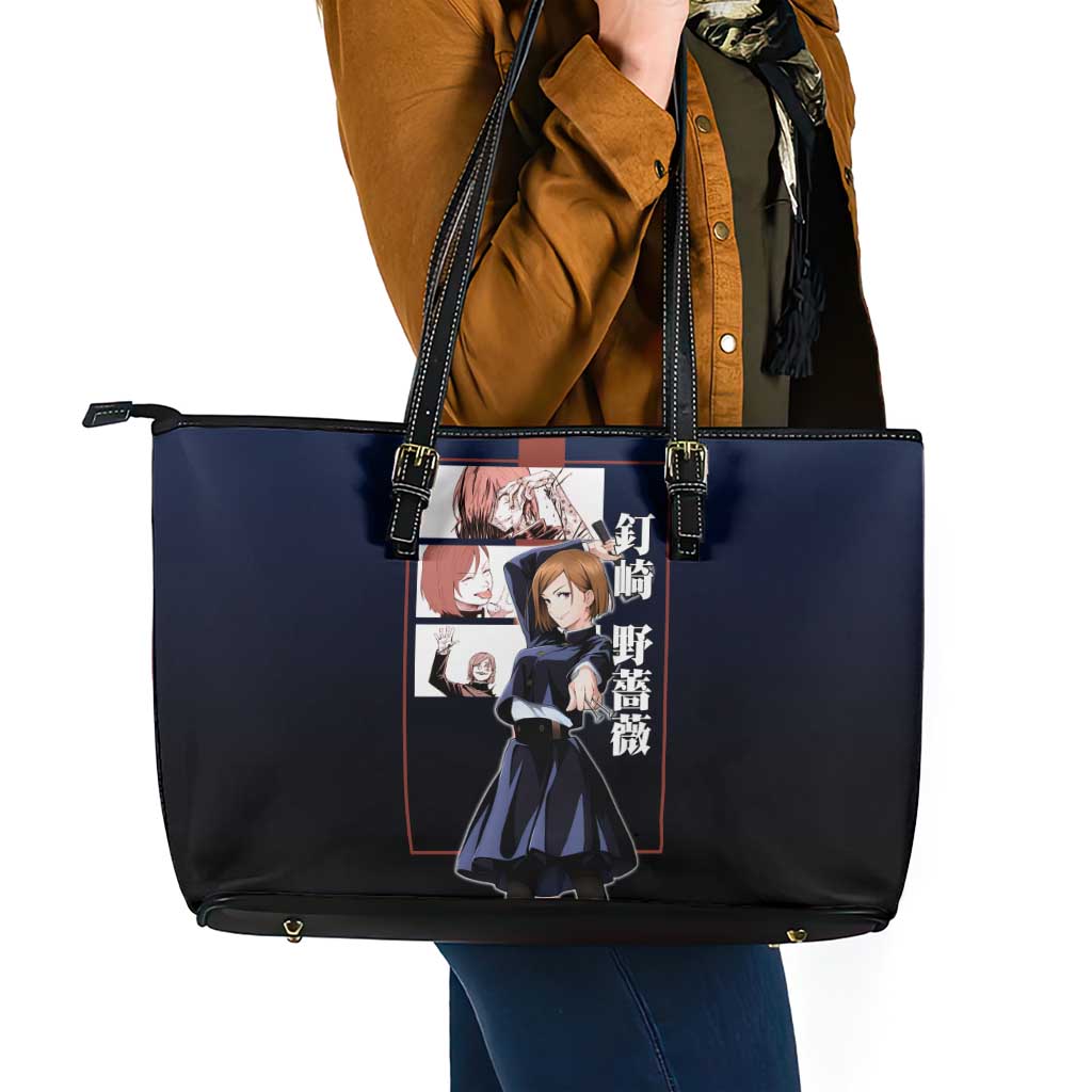 Nobara Kugisaki from Jujutsu Kaisen Leather Tote Bag with Dark Blue and Red Background and Multiple Poses Design - The Mazicc