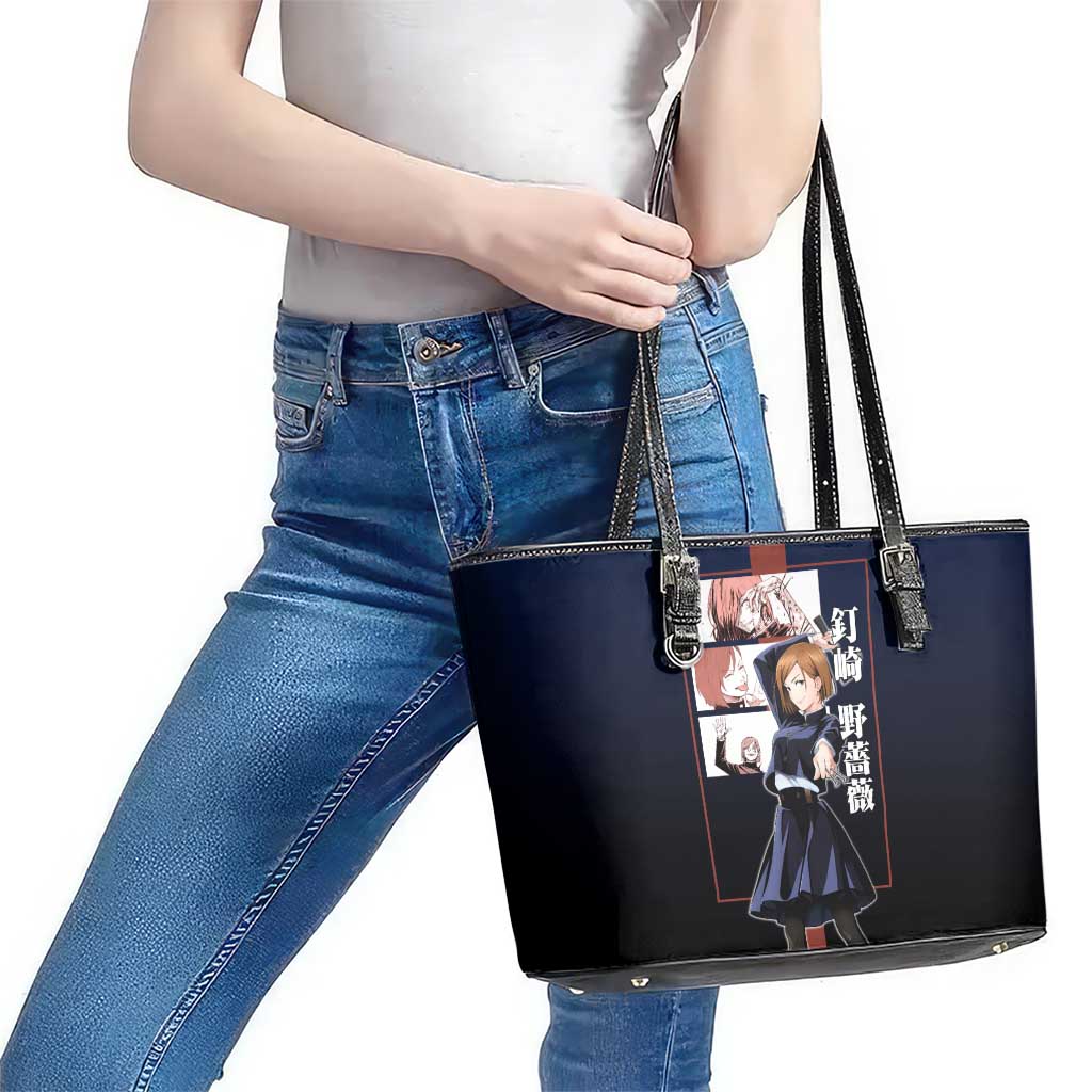 Nobara Kugisaki from Jujutsu Kaisen Leather Tote Bag with Dark Blue and Red Background and Multiple Poses Design - The Mazicc