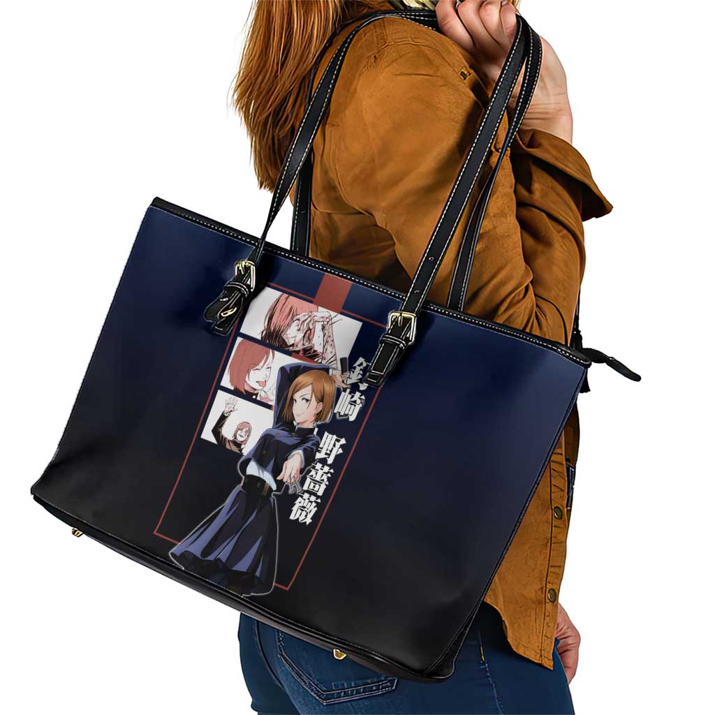 Nobara Kugisaki from Jujutsu Kaisen Leather Tote Bag with Dark Blue and Red Background and Multiple Poses Design - The Mazicc