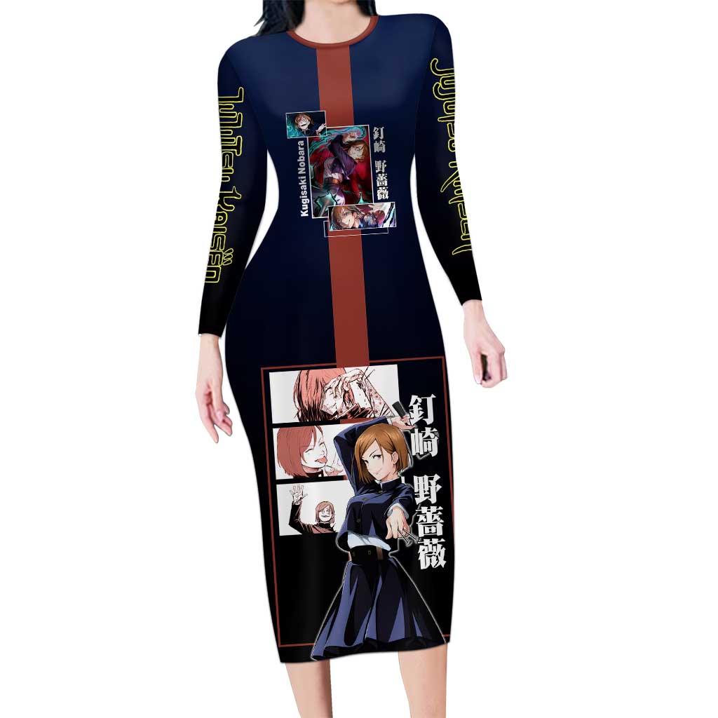 Nobara Kugisaki from Jujutsu Kaisen Long Sleeve Bodycon Dress with Dark Blue and Red Background and Multiple Poses Design - The Mazicc