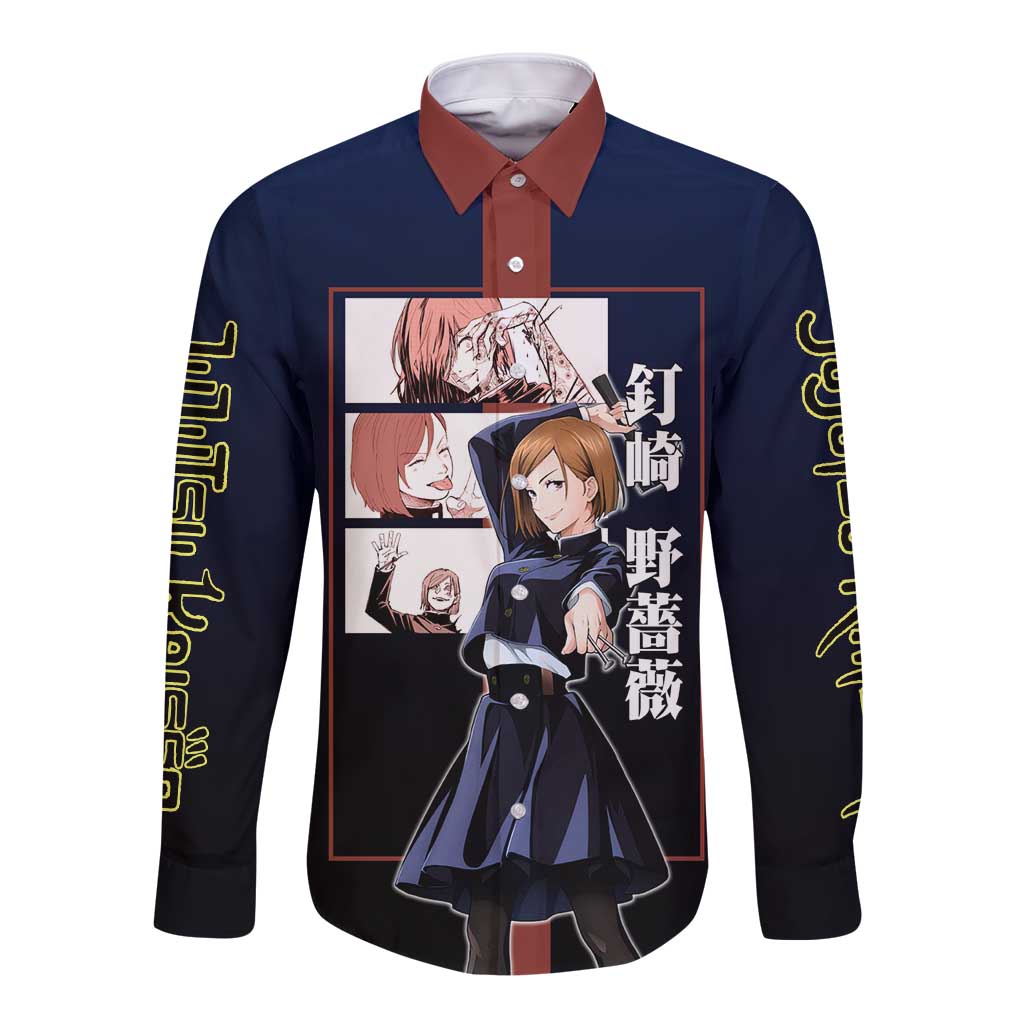 Nobara Kugisaki from Jujutsu Kaisen Long Sleeve Button Shirt with Dark Blue and Red Background and Multiple Poses Design - The Mazicc
