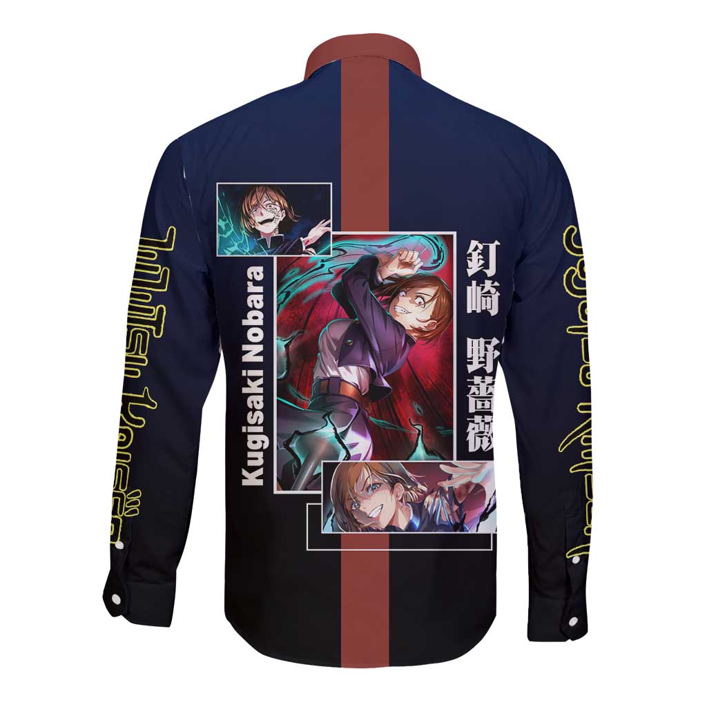 Nobara Kugisaki from Jujutsu Kaisen Long Sleeve Button Shirt with Dark Blue and Red Background and Multiple Poses Design - The Mazicc