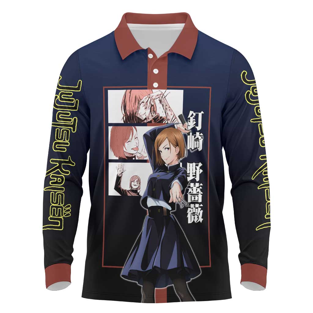 Nobara Kugisaki from Jujutsu Kaisen Long Sleeve Polo Shirt with Dark Blue and Red Background and Multiple Poses Design - The Mazicc