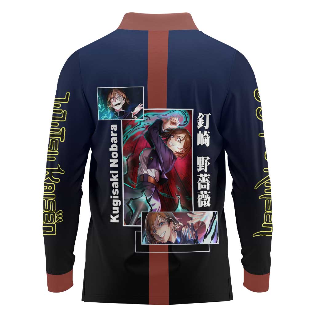 Nobara Kugisaki from Jujutsu Kaisen Long Sleeve Polo Shirt with Dark Blue and Red Background and Multiple Poses Design - The Mazicc