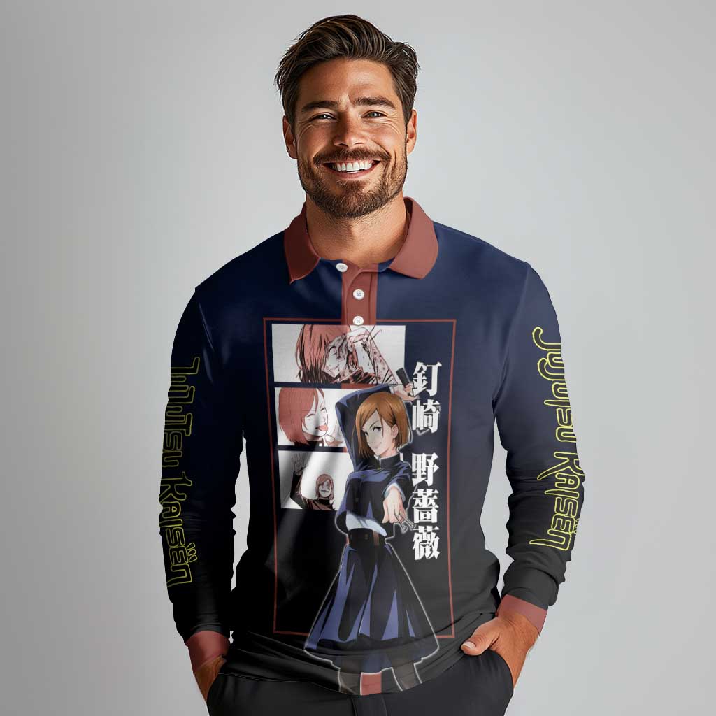 Nobara Kugisaki from Jujutsu Kaisen Long Sleeve Polo Shirt with Dark Blue and Red Background and Multiple Poses Design - The Mazicc