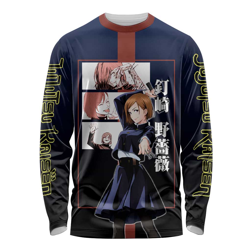Nobara Kugisaki from Jujutsu Kaisen Long Sleeve Shirt with Dark Blue and Red Background and Multiple Poses Design - The Mazicc