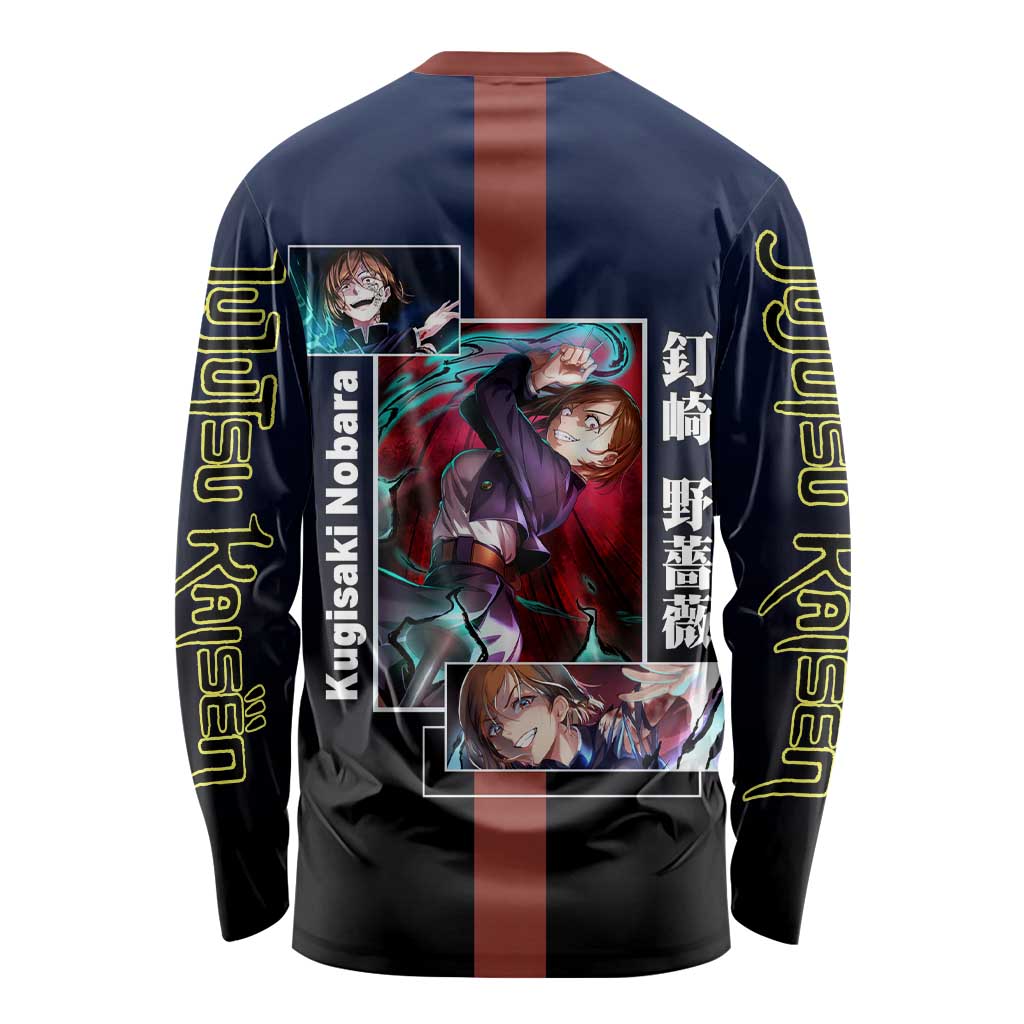 Nobara Kugisaki from Jujutsu Kaisen Long Sleeve Shirt with Dark Blue and Red Background and Multiple Poses Design - The Mazicc