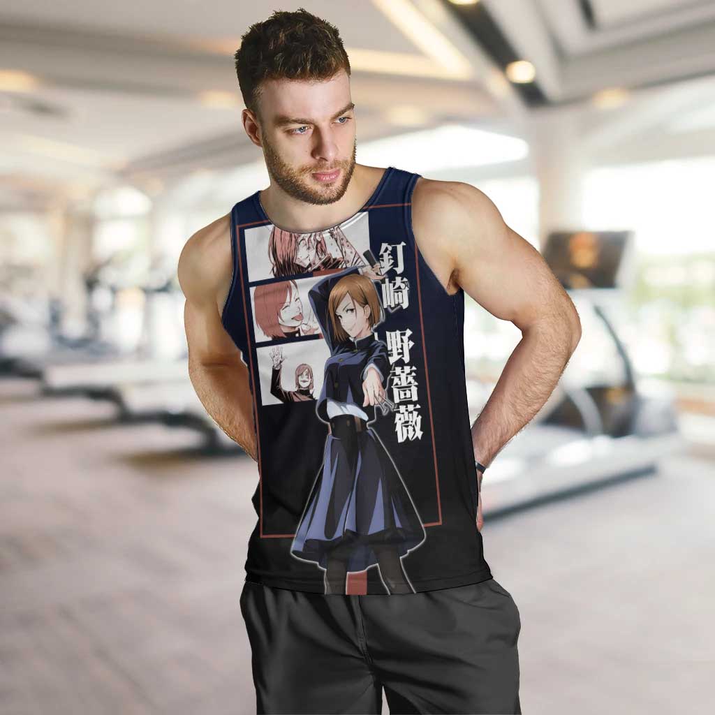 Nobara Kugisaki from Jujutsu Kaisen Men Tank Top with Dark Blue and Red Background and Multiple Poses Design - The Mazicc