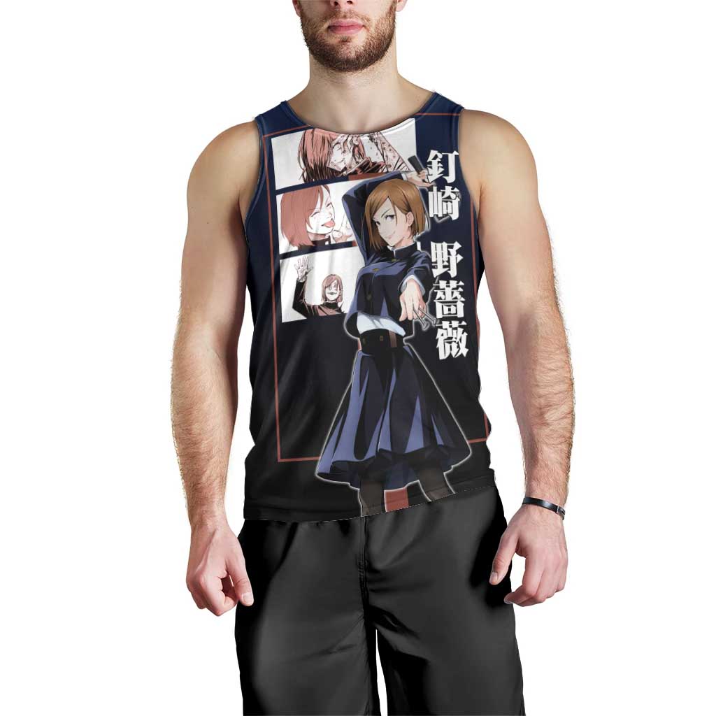 Nobara Kugisaki from Jujutsu Kaisen Men Tank Top with Dark Blue and Red Background and Multiple Poses Design - The Mazicc