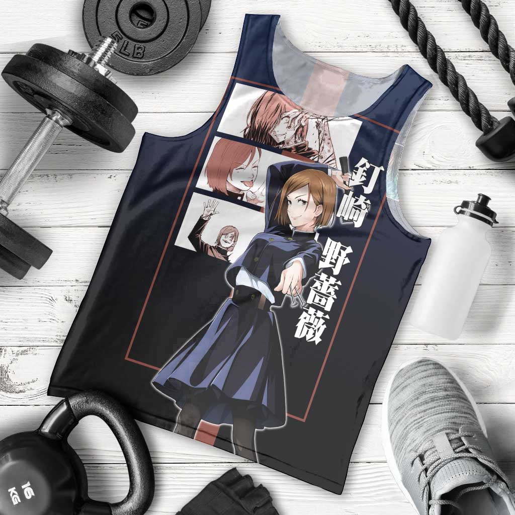 Nobara Kugisaki from Jujutsu Kaisen Men Tank Top with Dark Blue and Red Background and Multiple Poses Design - The Mazicc