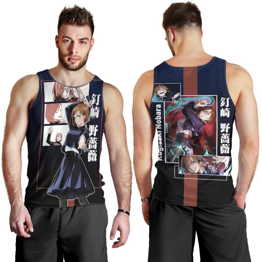 Nobara Kugisaki from Jujutsu Kaisen Men Tank Top with Dark Blue and Red Background and Multiple Poses Design - The Mazicc