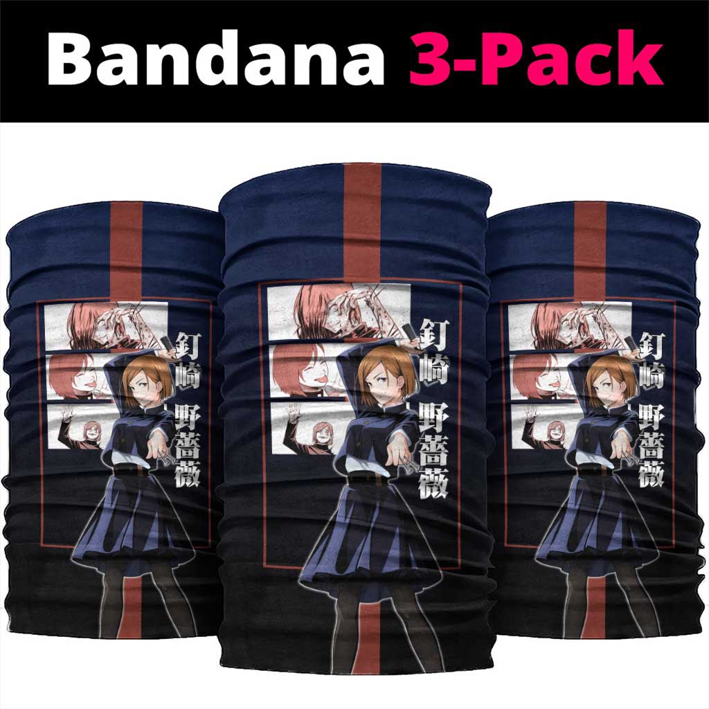 Nobara Kugisaki from Jujutsu Kaisen Neck Gaiter with Dark Blue and Red Background and Multiple Poses Design - The Mazicc