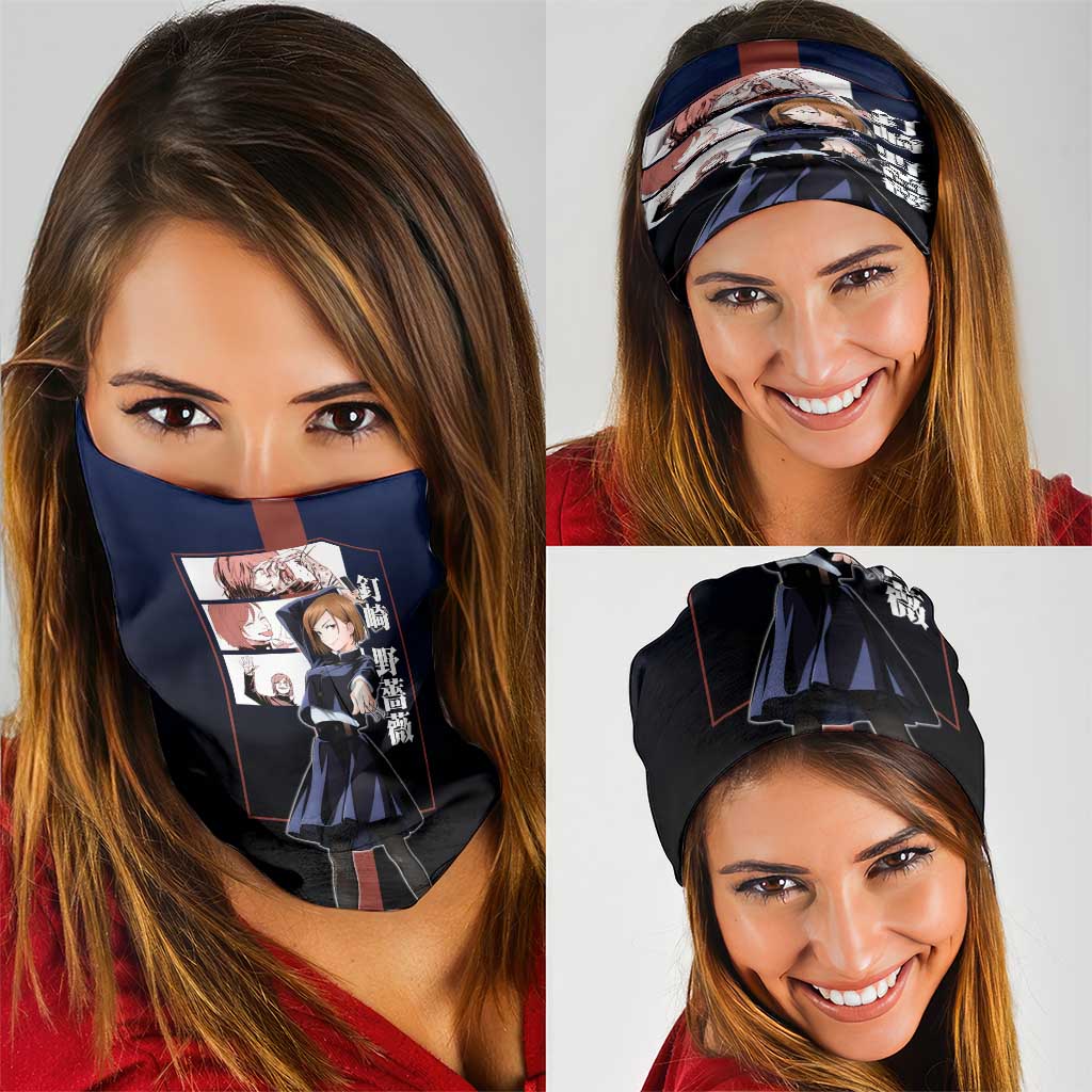 Nobara Kugisaki from Jujutsu Kaisen Neck Gaiter with Dark Blue and Red Background and Multiple Poses Design - The Mazicc