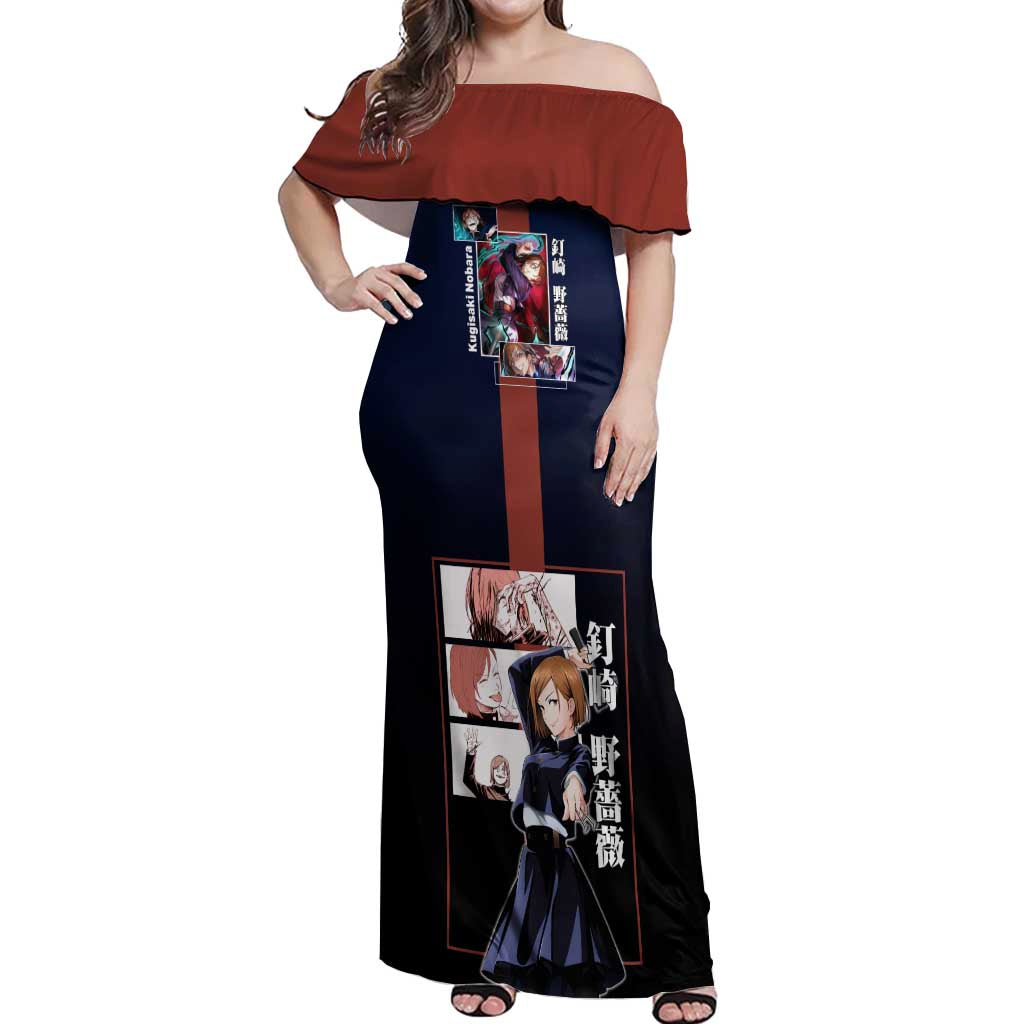 Nobara Kugisaki from Jujutsu Kaisen Off Shoulder Maxi Dress with Dark Blue and Red Background and Multiple Poses Design - The Mazicc