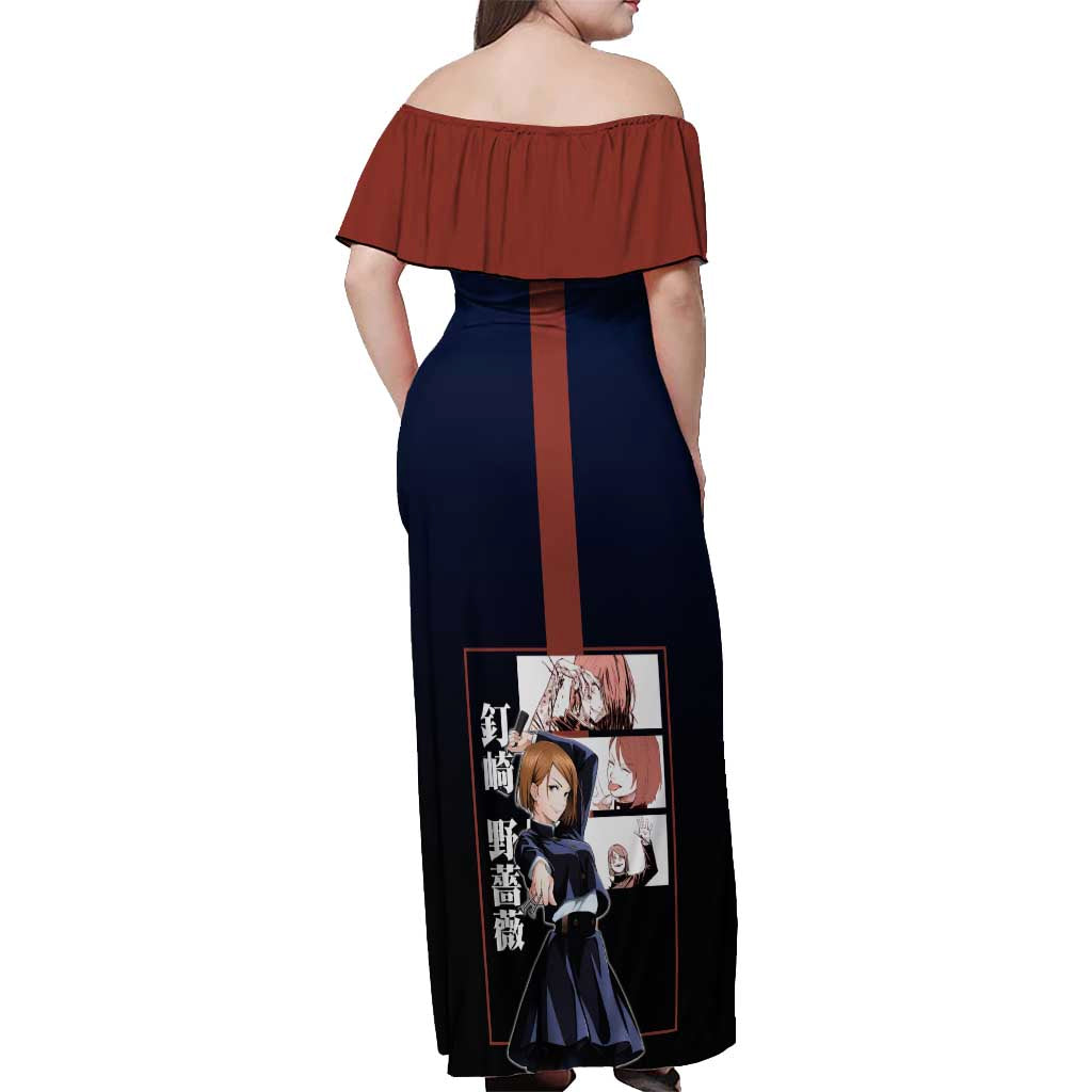 Nobara Kugisaki from Jujutsu Kaisen Off Shoulder Maxi Dress with Dark Blue and Red Background and Multiple Poses Design - The Mazicc