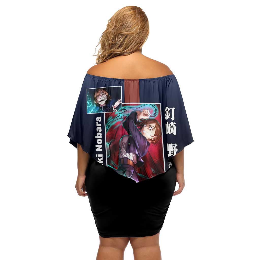 Nobara Kugisaki from Jujutsu Kaisen Off Shoulder Short Dress with Dark Blue and Red Background and Multiple Poses Design - The Mazicc