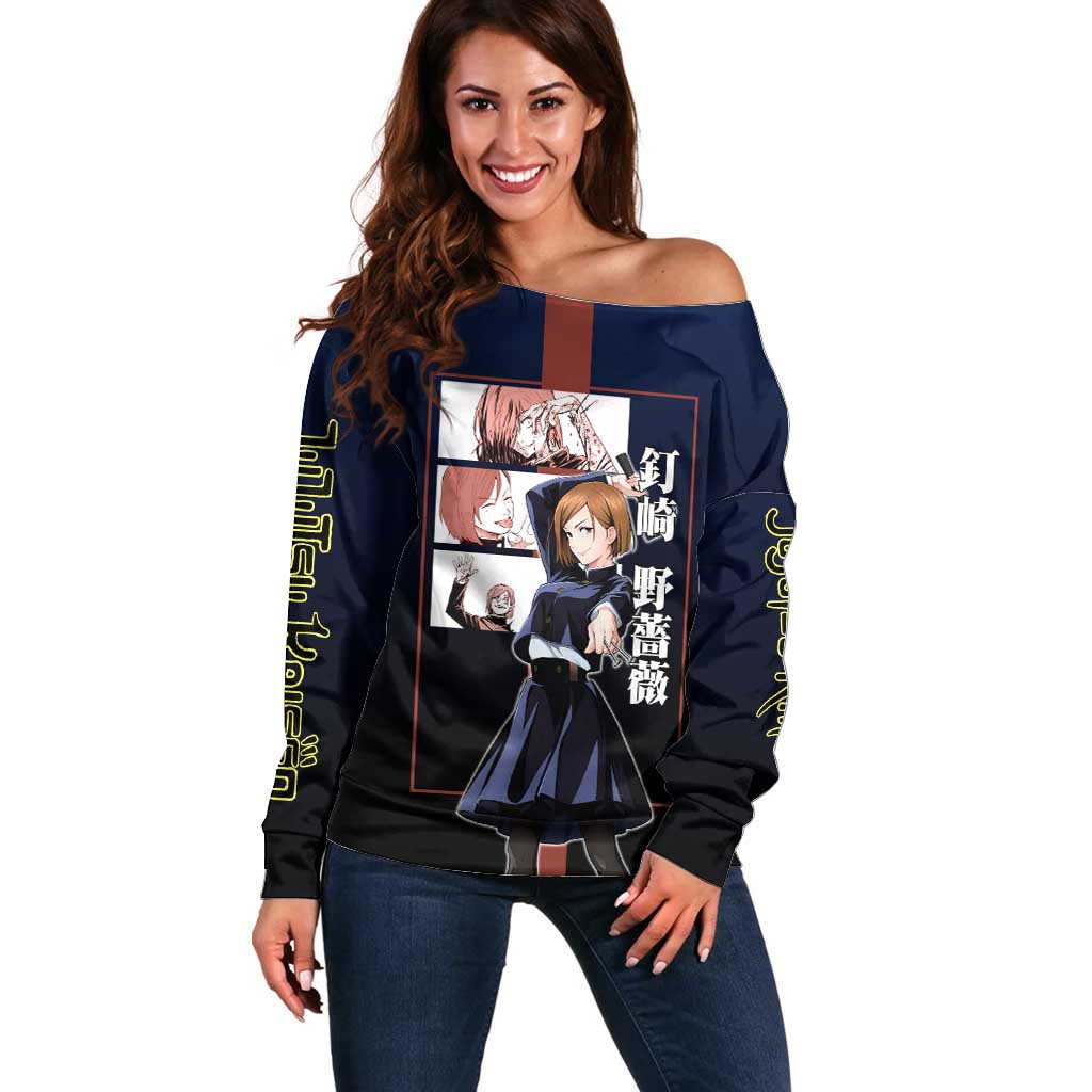 Nobara Kugisaki from Jujutsu Kaisen Off Shoulder Sweater with Dark Blue and Red Background and Multiple Poses Design - The Mazicc