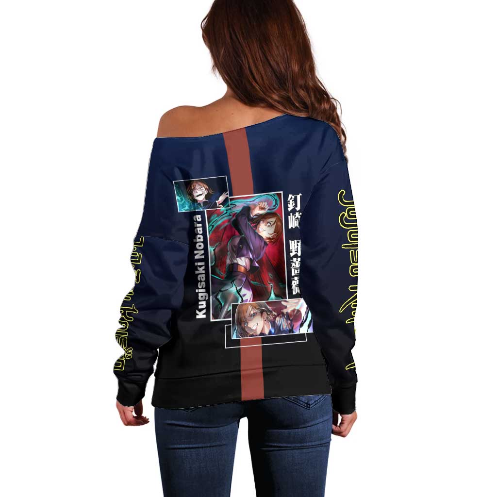 Nobara Kugisaki from Jujutsu Kaisen Off Shoulder Sweater with Dark Blue and Red Background and Multiple Poses Design - The Mazicc