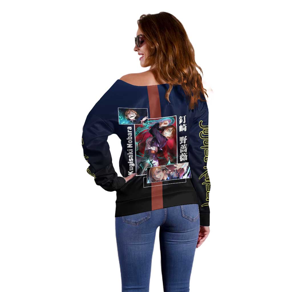 Nobara Kugisaki from Jujutsu Kaisen Off Shoulder Sweater with Dark Blue and Red Background and Multiple Poses Design - The Mazicc
