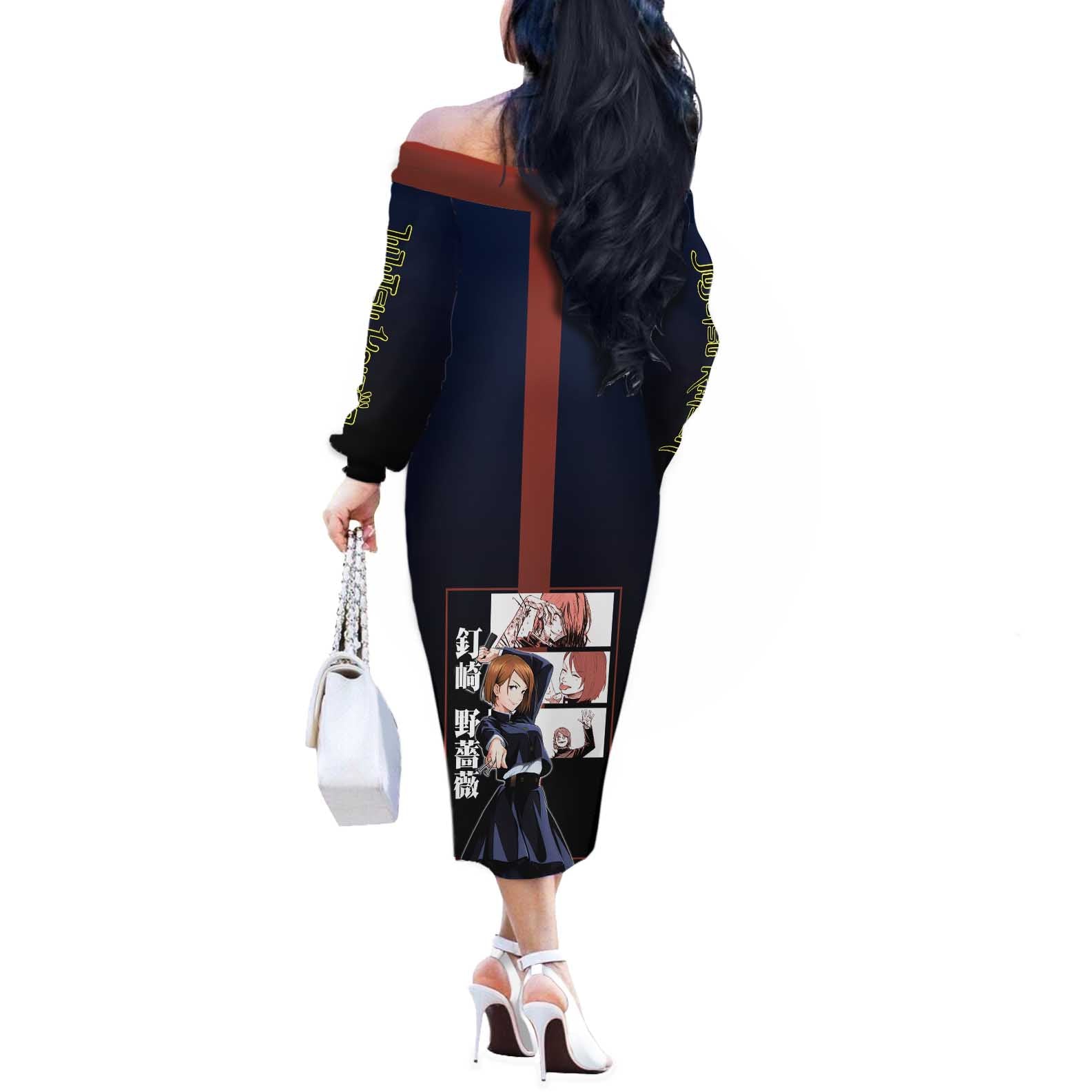 Nobara Kugisaki from Jujutsu Kaisen Off The Shoulder Long Sleeve Dress with Dark Blue and Red Background and Multiple Poses Design - The Mazicc