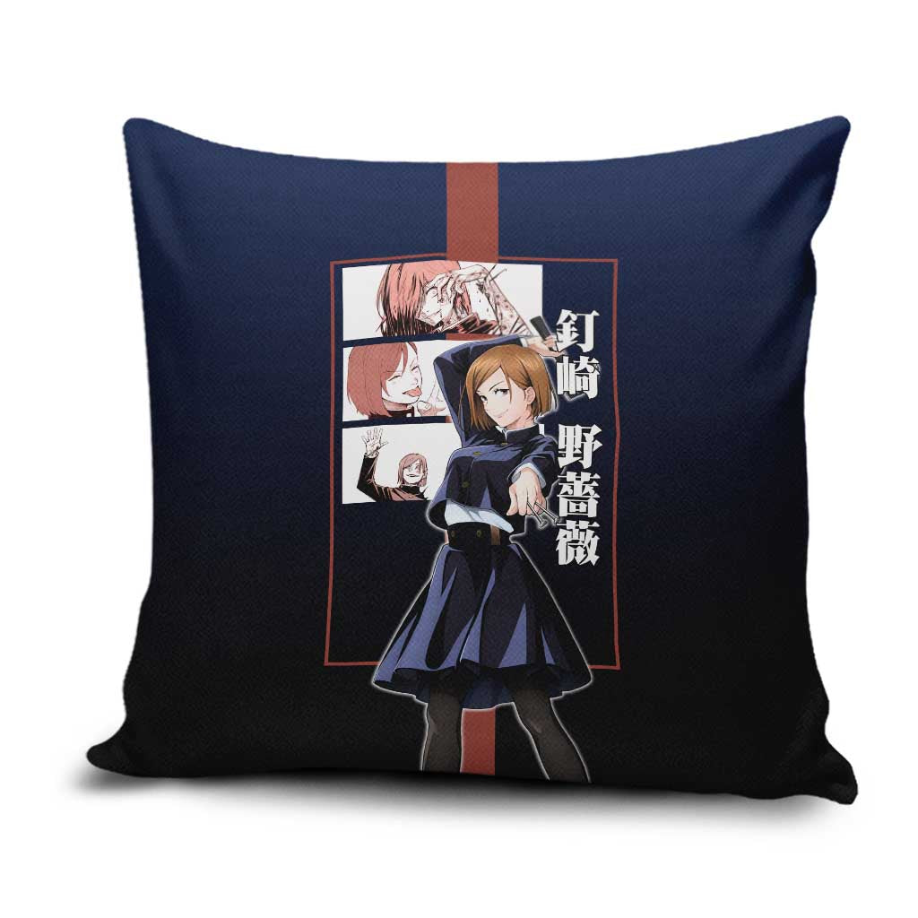 Nobara Kugisaki from Jujutsu Kaisen Pillow Cover with Dark Blue and Red Background and Multiple Poses Design - The Mazicc