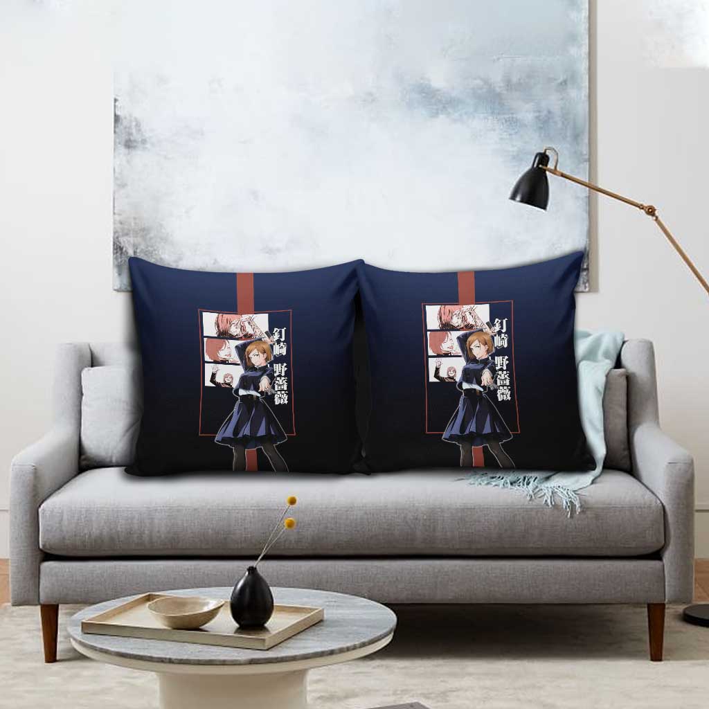 Nobara Kugisaki from Jujutsu Kaisen Pillow Cover with Dark Blue and Red Background and Multiple Poses Design - The Mazicc