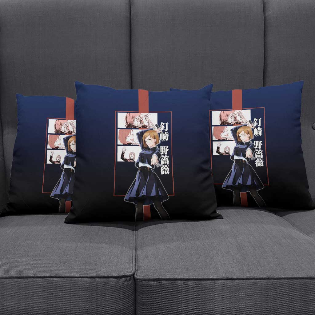 Nobara Kugisaki from Jujutsu Kaisen Pillow Cover with Dark Blue and Red Background and Multiple Poses Design - The Mazicc