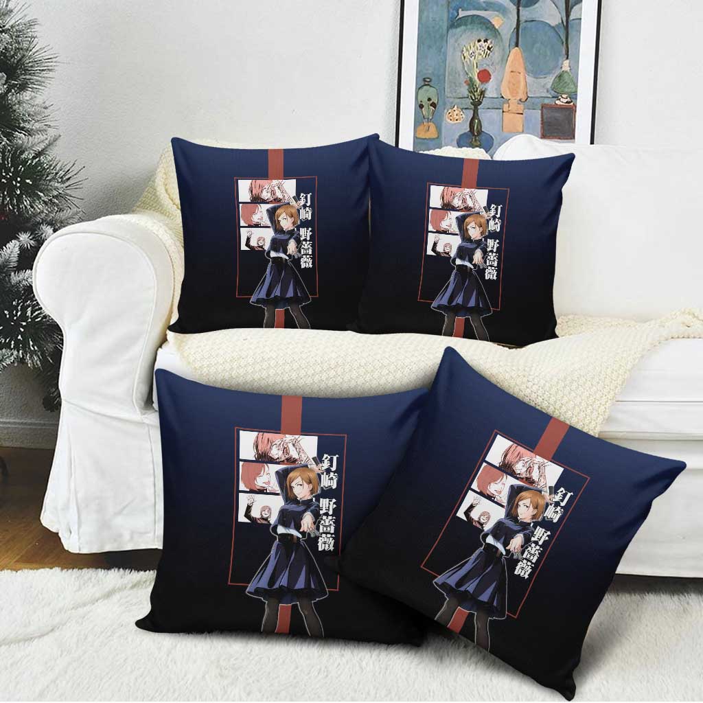 Nobara Kugisaki from Jujutsu Kaisen Pillow Cover with Dark Blue and Red Background and Multiple Poses Design - The Mazicc