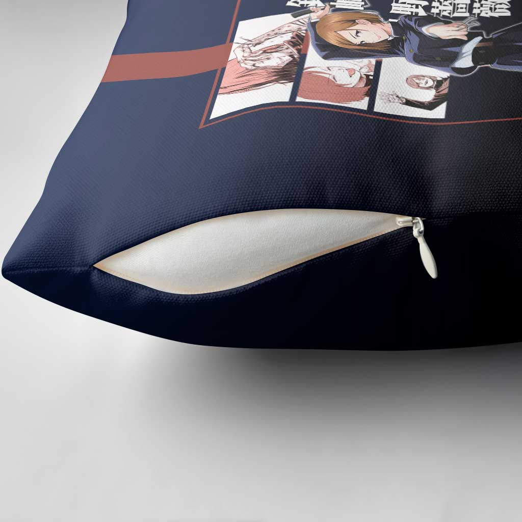 Nobara Kugisaki from Jujutsu Kaisen Pillow Cover with Dark Blue and Red Background and Multiple Poses Design - The Mazicc