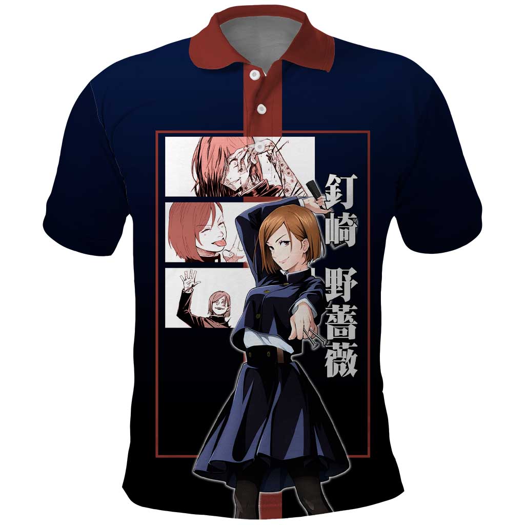 Nobara Kugisaki from Jujutsu Kaisen Polo Shirt with Dark Blue and Red Background and Multiple Poses Design - The Mazicc