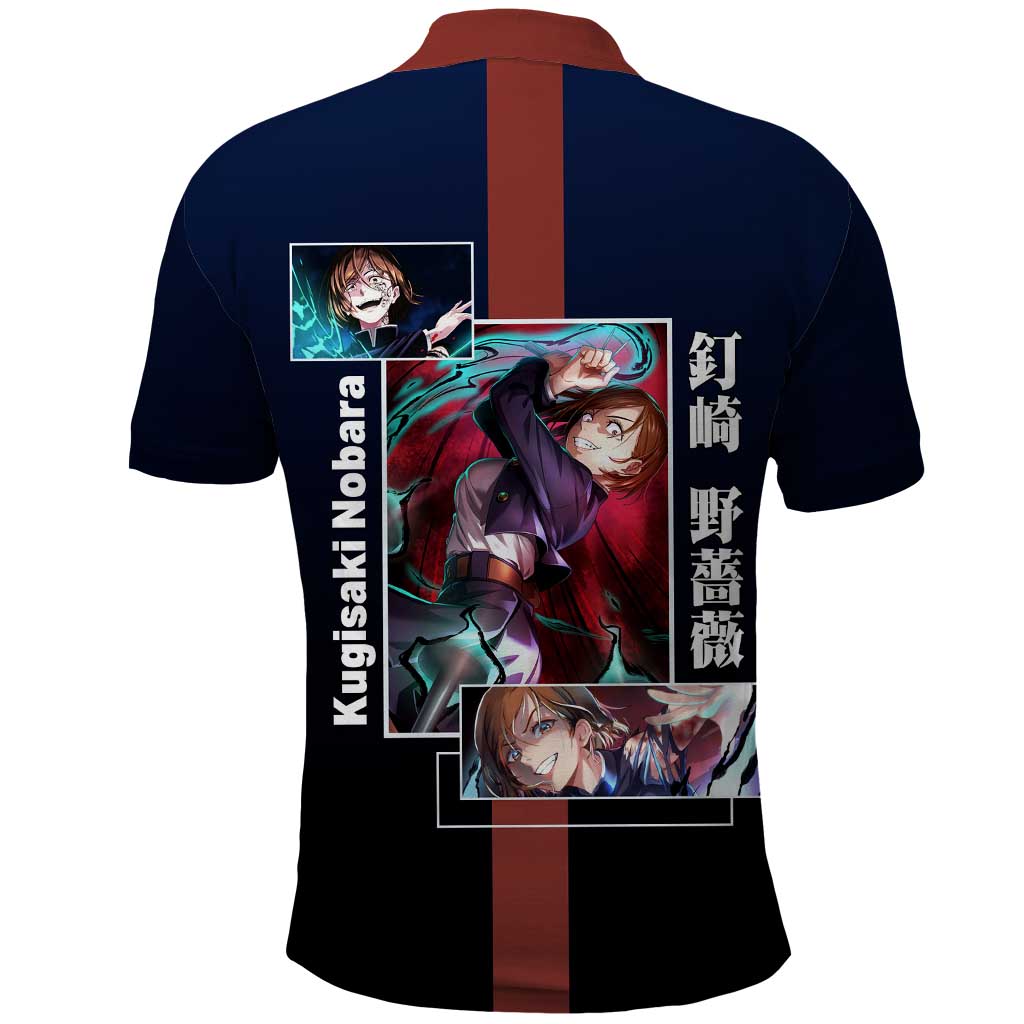 Nobara Kugisaki from Jujutsu Kaisen Polo Shirt with Dark Blue and Red Background and Multiple Poses Design - The Mazicc